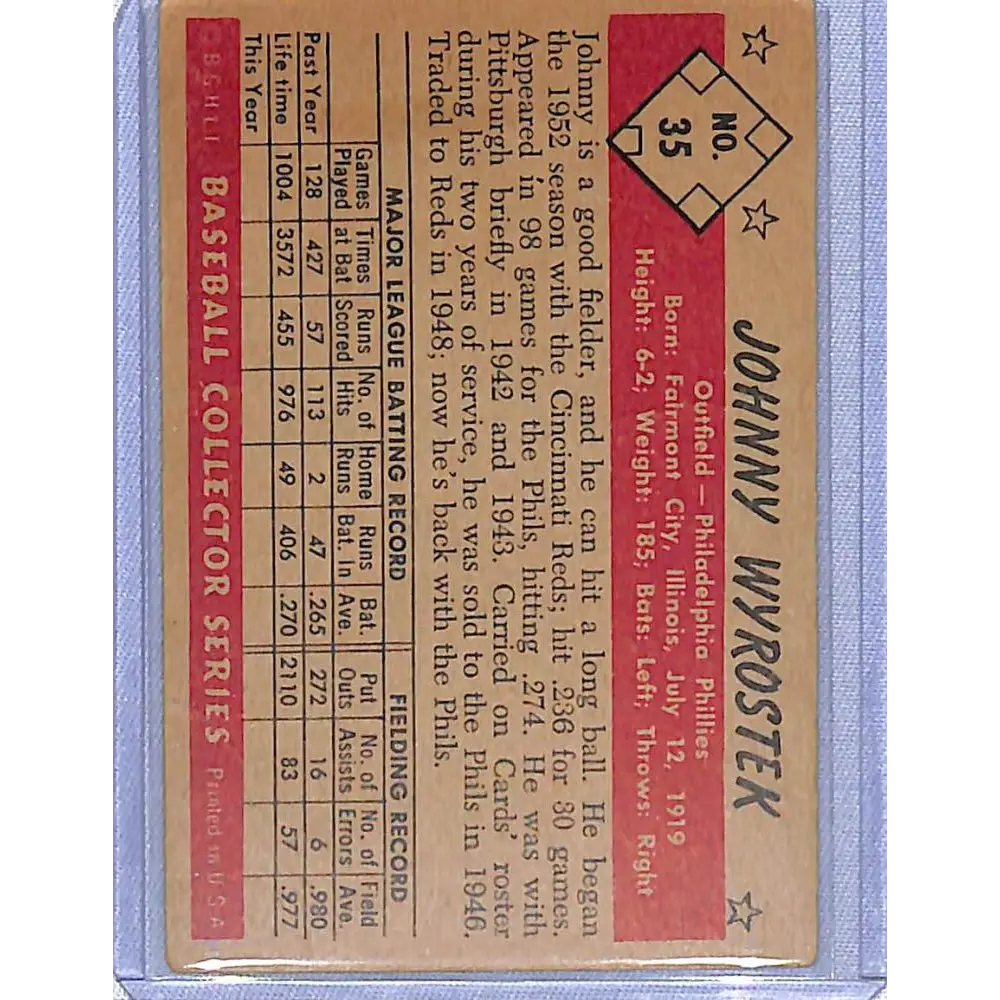 1953 Bowman Black and White #35 Johnny Wyrostek NM-MT Philadelphia Phillies Baseball Card Image 2