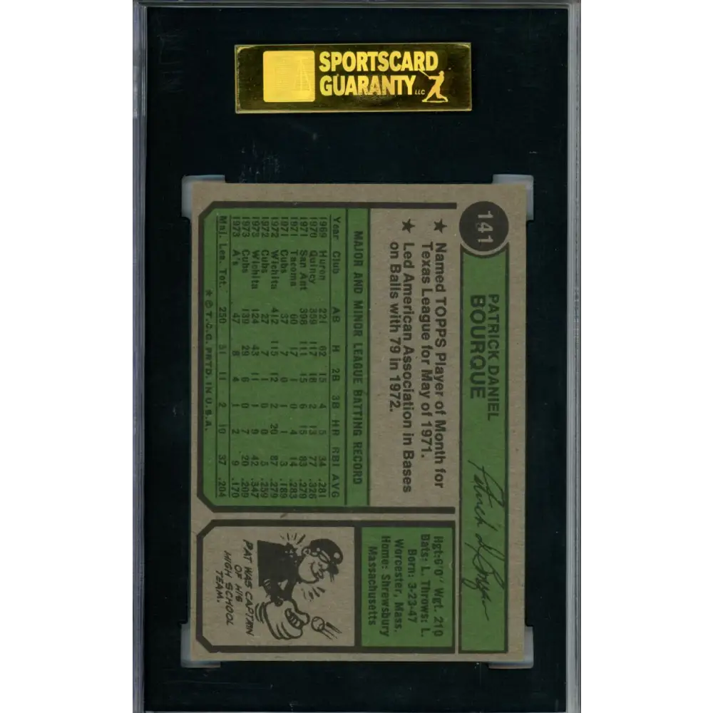 1974 Topps #141 Pat Bourque SGC 8.5 NM/MT+ Oakland Athletics Baseball Card Image 2
