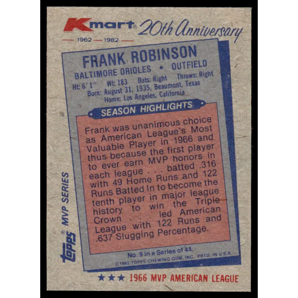 1982 Topps Kmart 20th Anniversary #9 Frank Robinson EX/NM Baltimore Orioles Baseball Card Image 2