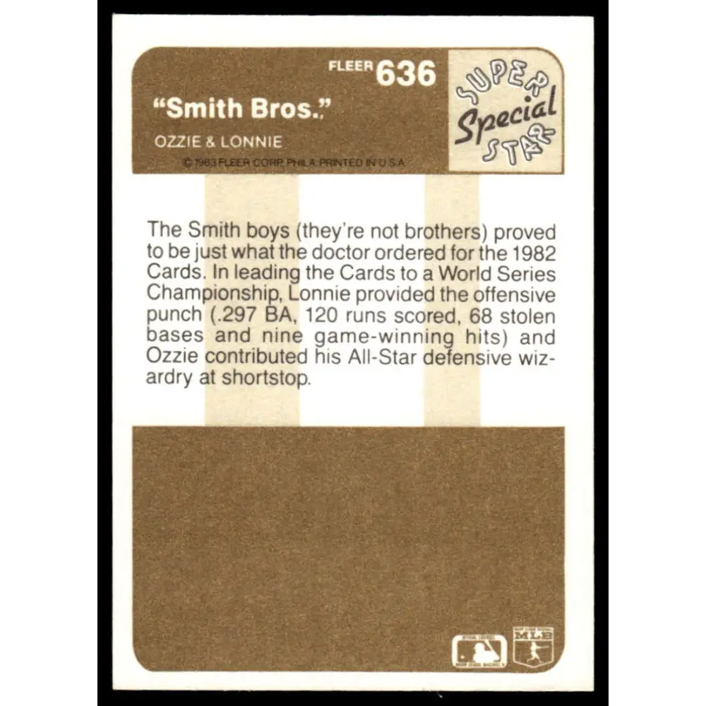 1983 Fleer #636 Ozzie Smith / Lonnie Smith SSS EX/NM St. Louis Cardinals Baseball Card Image 2