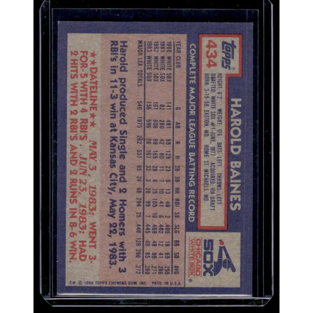 1984 Topps #434 Harold Baines Chicago White Sox EX Excellent Image 2