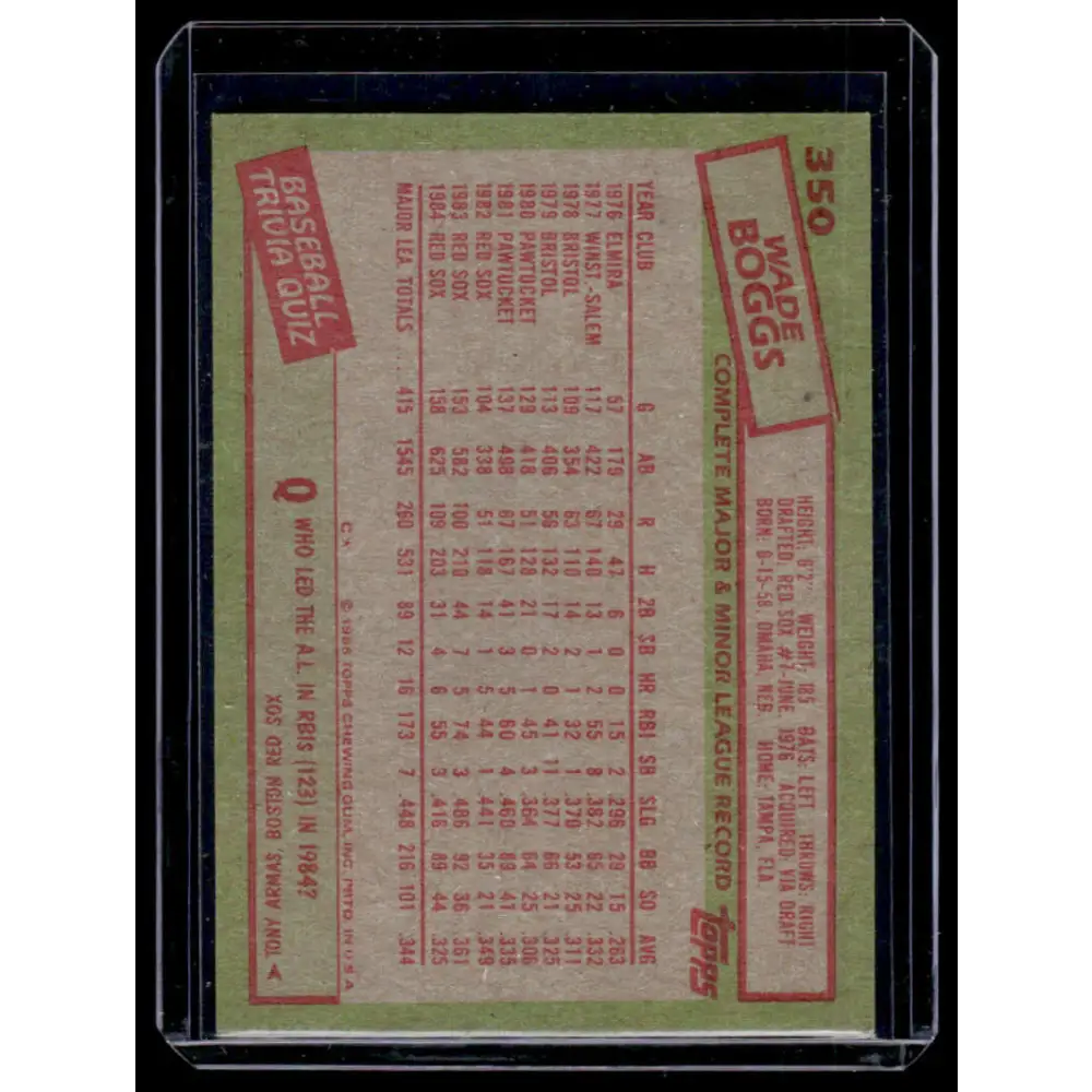 1985 Topps #350 Wade Boggs Boston Red Sox EX Excellent Image 2