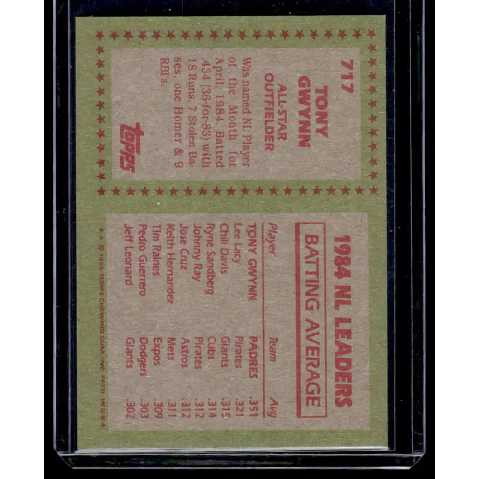 1985 Topps #717 Tony Gwynn VG San Diego Padres Baseball Card Image 2