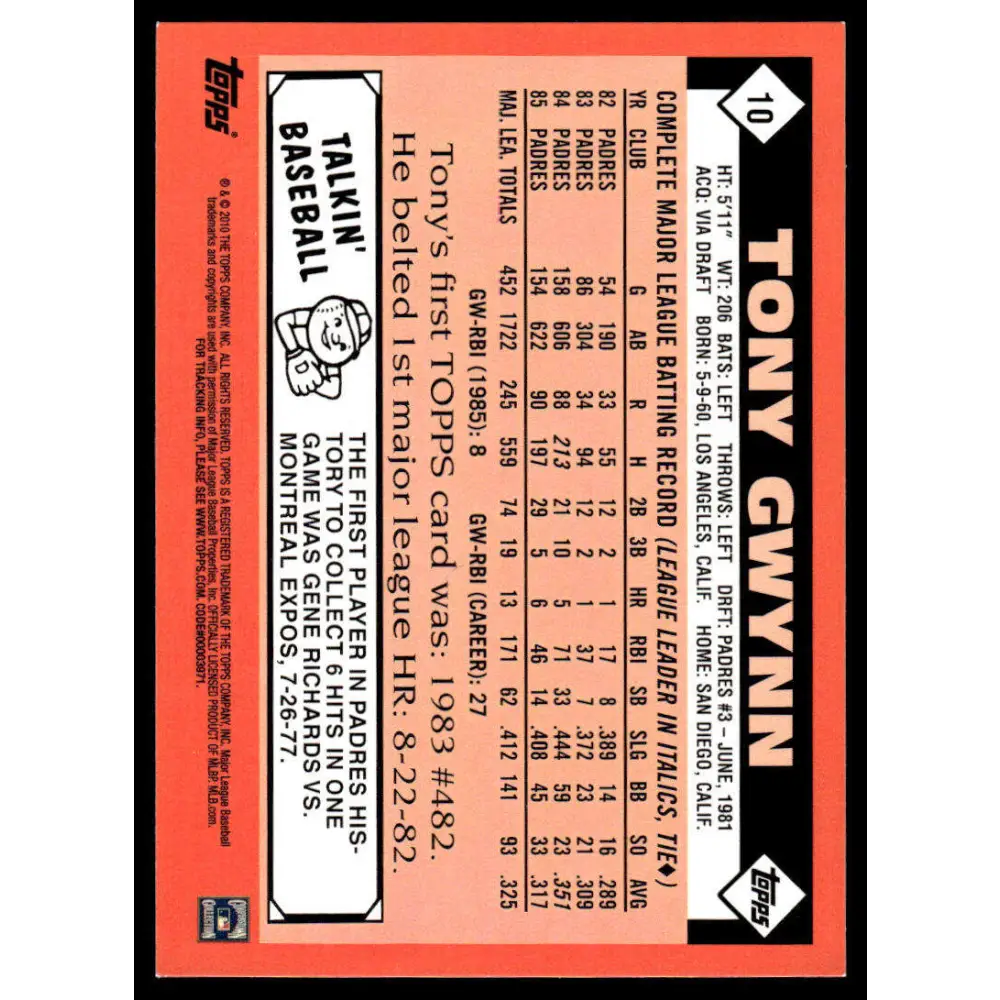 1986 Topps #10 Tony Gwynn NM/MT San Diego Padres Baseball Card Image 2