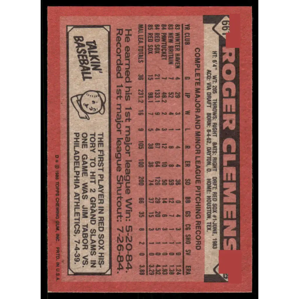1986 Topps #661 Roger Clemens EX/NM Boston Red Sox Baseball Card Image 2