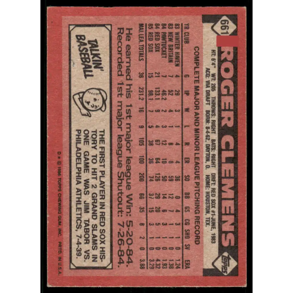 1986 Topps #661 Roger Clemens EX/NM Boston Red Sox Baseball Card Image 2