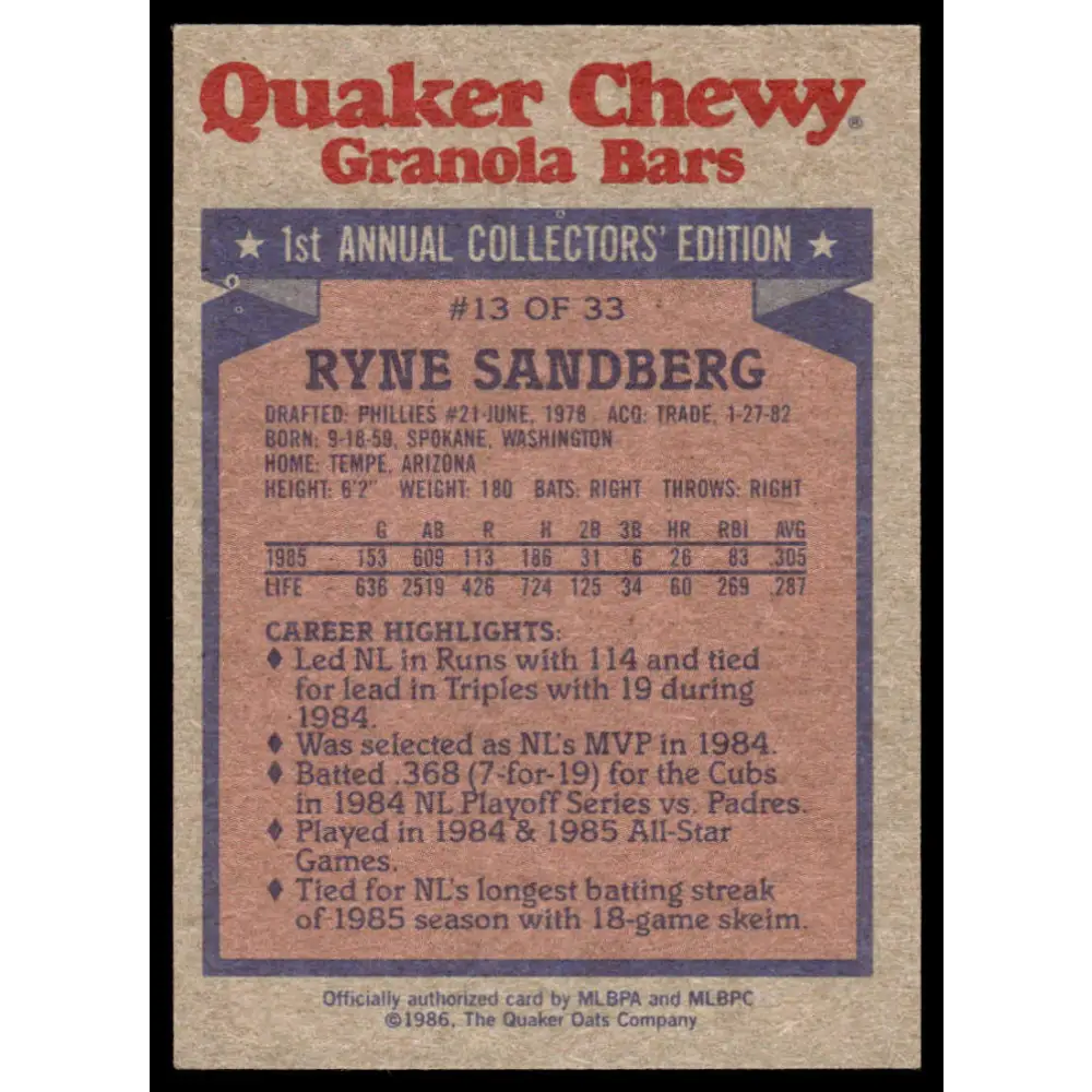 1986 Topps Quaker Granola #13 Ryne Sandberg EX Chicago Cubs Baseball Card Image 2