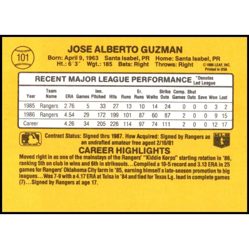 1987 Donruss #101 Jose Guzman EX Excellent Texas Rangers Baseball Card Image 2