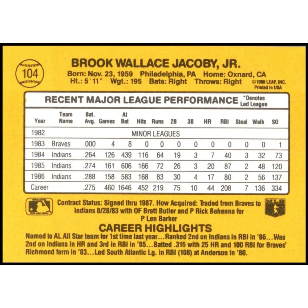 1987 Donruss #104 Brook Jacoby EX Excellent Cleveland Indians Baseball Card Image 2