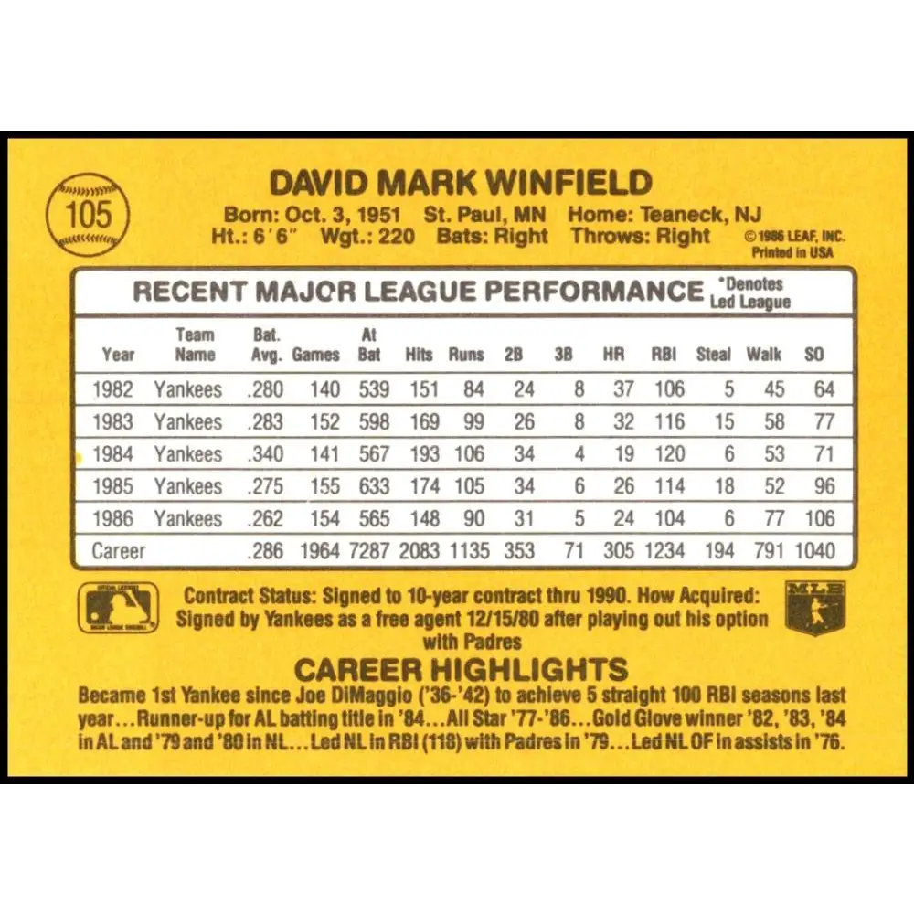 1987 Donruss #105 Dave Winfield EX Excellent New York Yankees Baseball Card Image 2