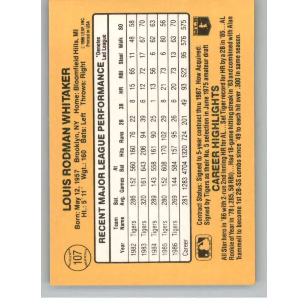 1987 Donruss #107 Lou Whitaker EX Excellent Detroit Tigers Baseball Card Image 2