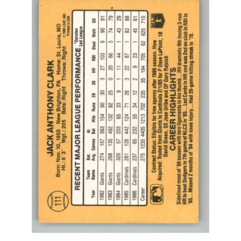 1987 Donruss #111 Jack Clark EX Excellent St. Louis Cardinals Baseball Card Image 2