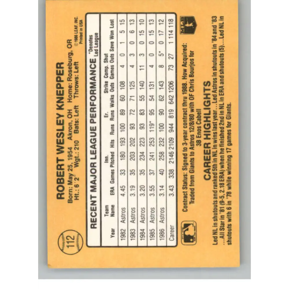 1987 Donruss #112 Bob Knepper EX Excellent Houston Astros Baseball Card Image 2