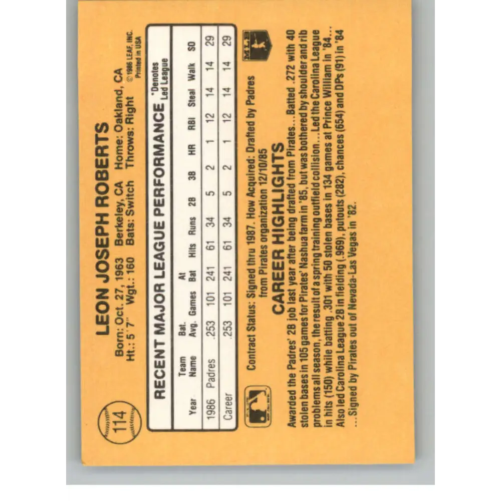 1987 Donruss #114 Bip Roberts EX Excellent RC Rookie San Diego Padres Baseball Card Image 2