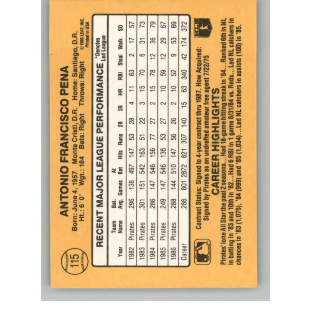 1987 Donruss #115 Tony Pena EX Excellent Pittsburgh Pirates Baseball Card Image 2