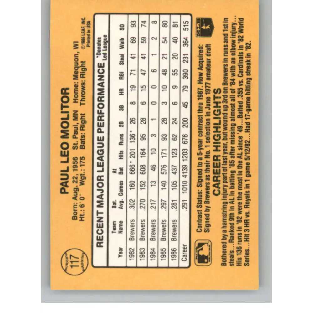 1987 Donruss #117 Paul Molitor EX Excellent Milwaukee Brewers Baseball Card Image 2