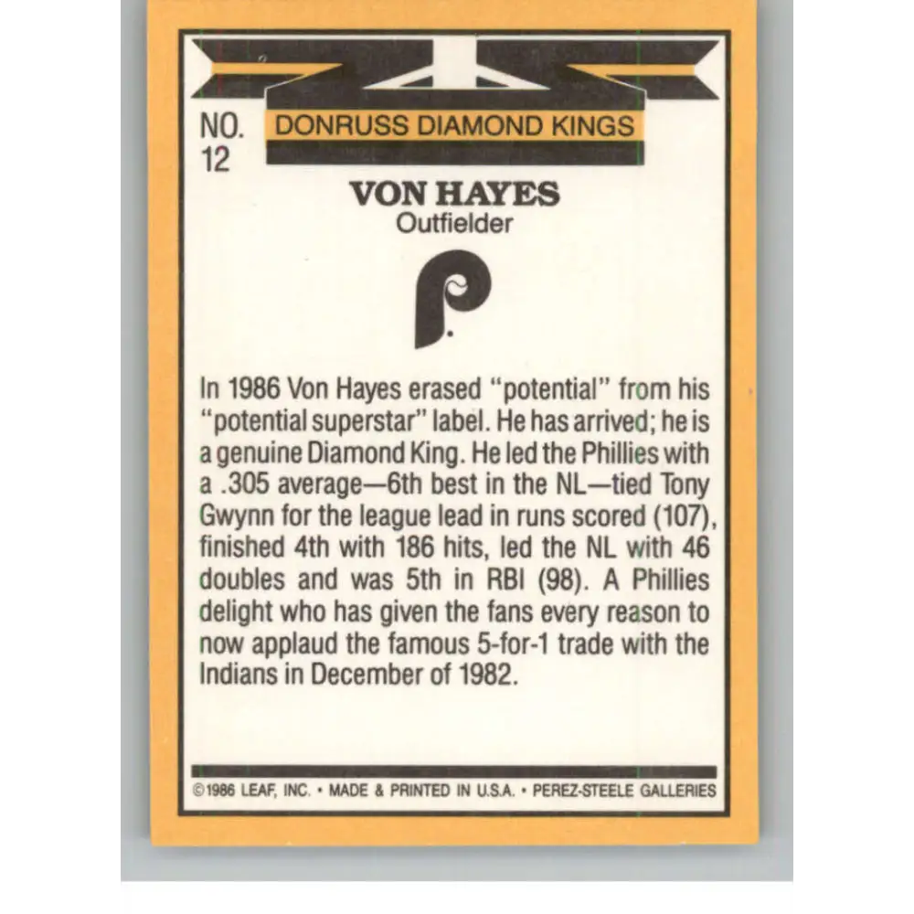 1987 Donruss #12 Von Hayes DK EX Philadelphia Phillies Baseball Card Image 2
