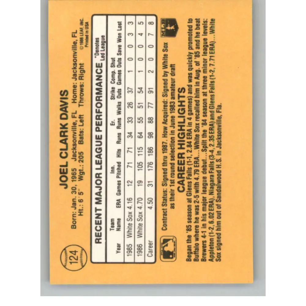 1987 Donruss #124 Joel Davis EX Excellent Chicago White Sox Baseball Card Image 2