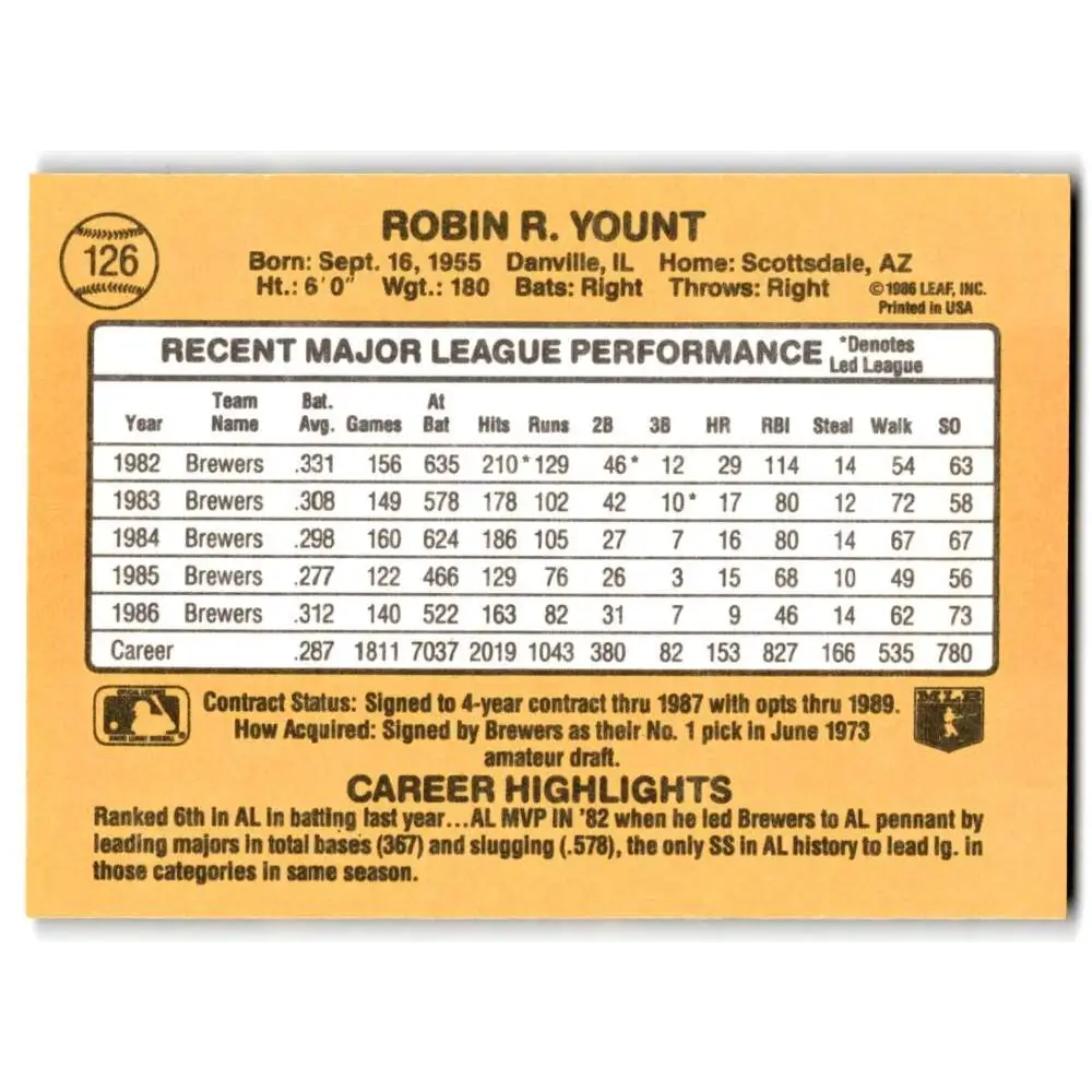 1987 Donruss #126 Robin Yount EX Excellent Milwaukee Brewers Baseball Card Image 2