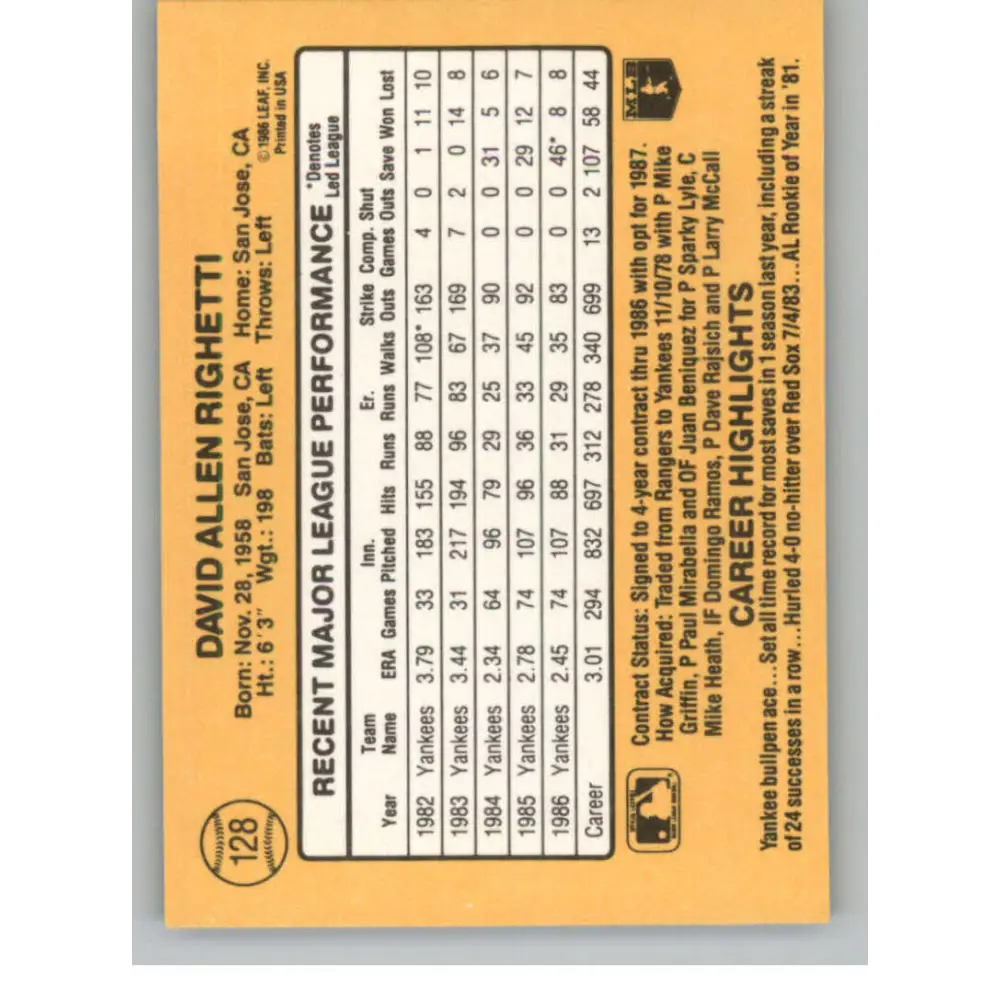 1987 Donruss #128 Dave Righetti EX Excellent New York Yankees Baseball Card Image 2