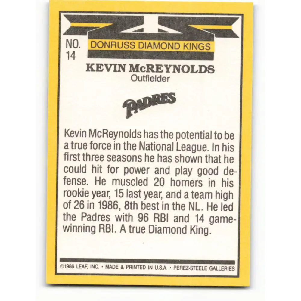 1987 Donruss #14 Kevin McReynolds EX Excellent San Diego Padres Baseball Card Image 2