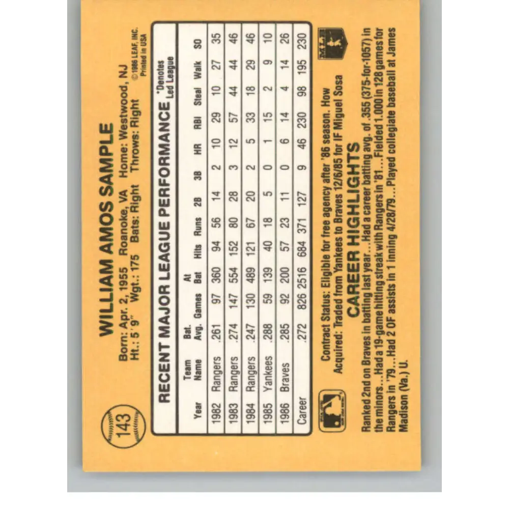 1987 Donruss #143 Billy Sample EX Excellent Atlanta Braves Baseball Card Image 2