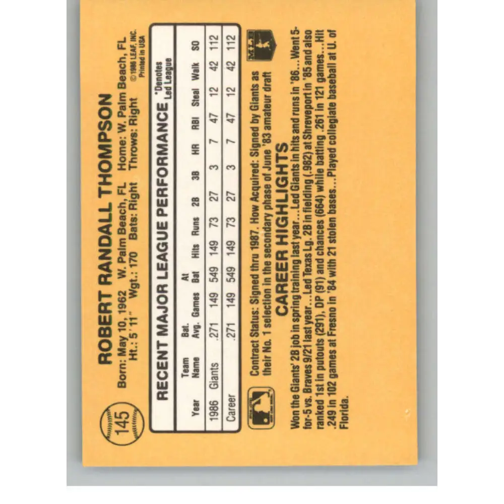 1987 Donruss #145 Robby Thompson EX Excellent RC Rookie San Francisco Giants Baseball Card Image 2