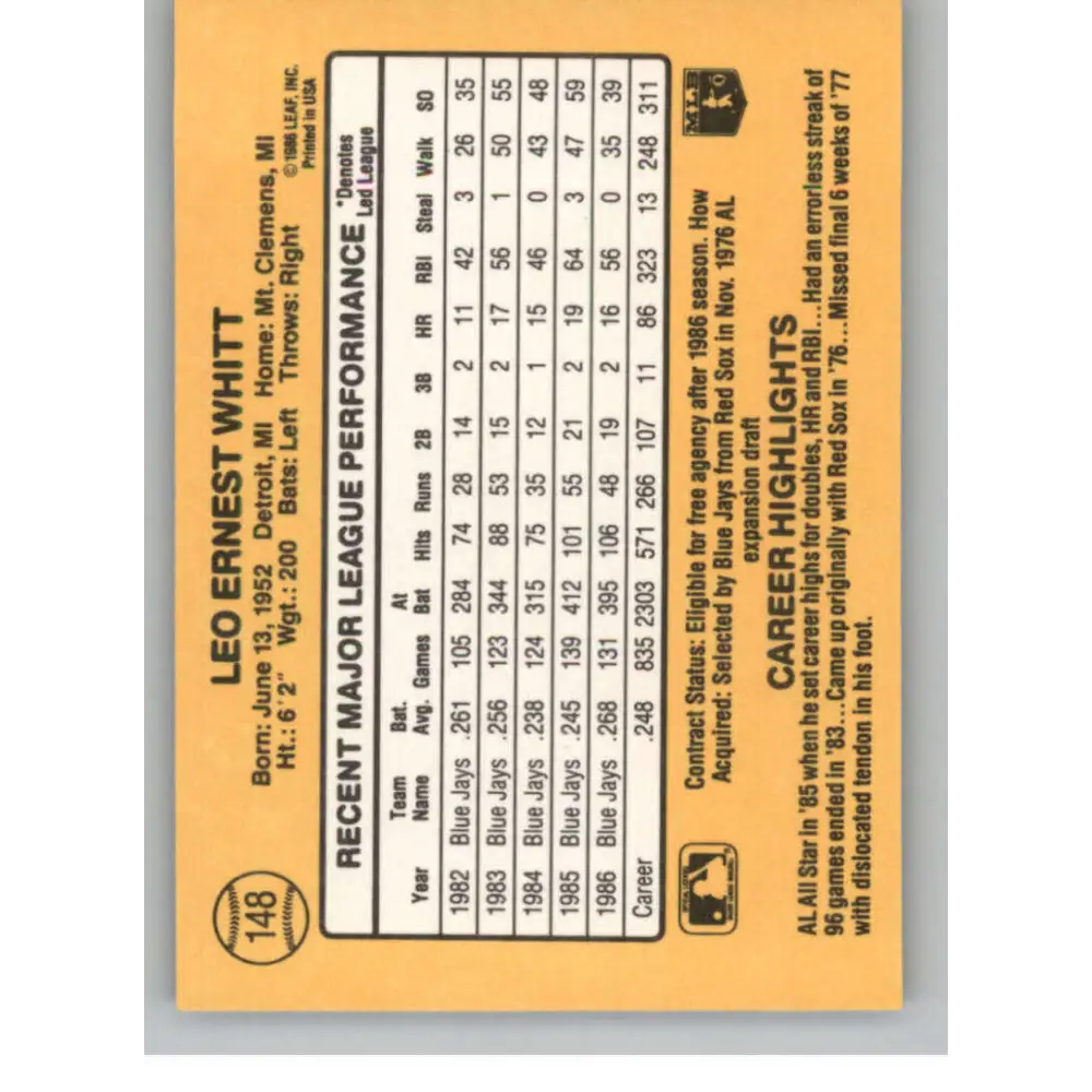 1987 Donruss #148 Ernie Whitt EX Excellent Toronto Blue Jays Baseball Card Image 2