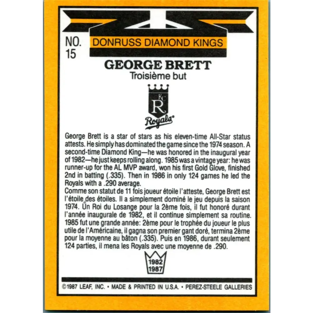 1987 Donruss #15 George Brett EX Excellent Kansas City Royals Baseball Card Image 2