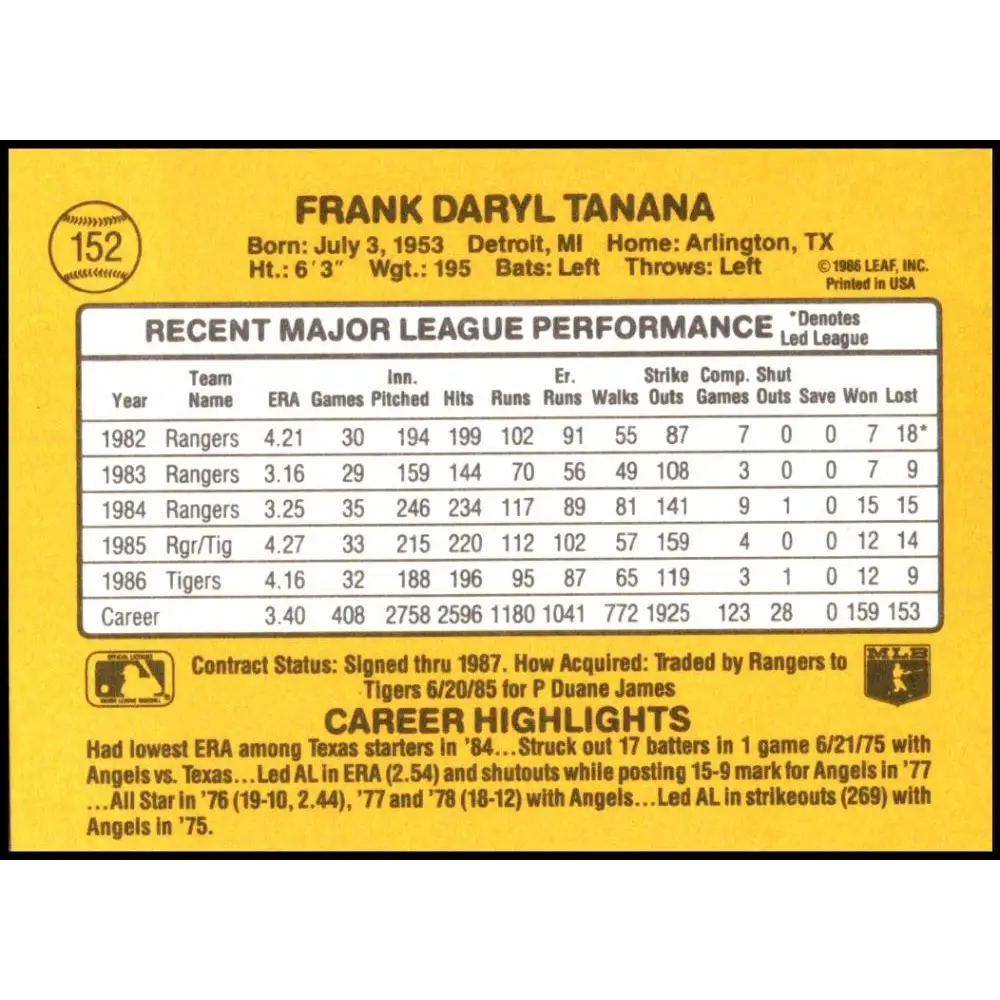 1987 Donruss #152 Frank Tanana EX Excellent Detroit Tigers Baseball Card Image 2
