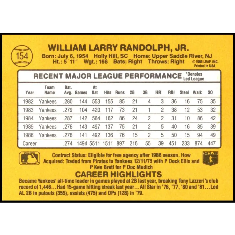 1987 Donruss #154 Willie Randolph EX Excellent New York Yankees Baseball Card Image 2