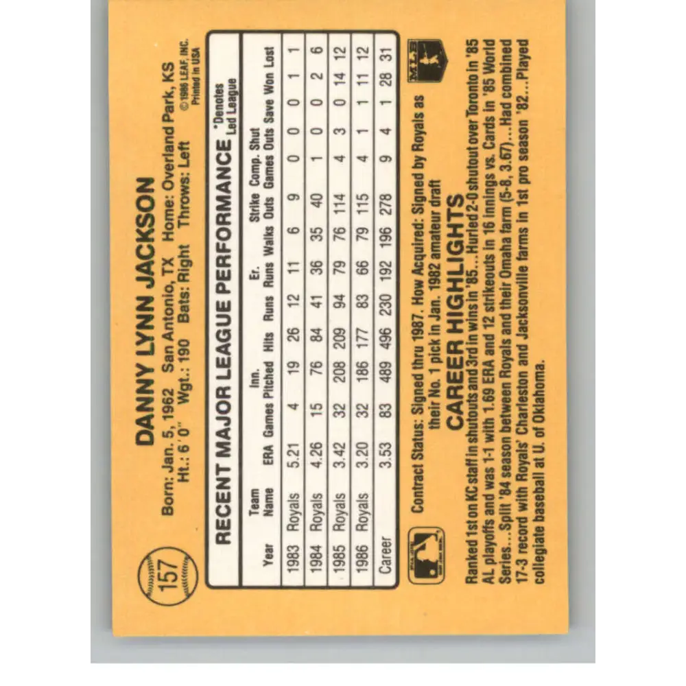 1987 Donruss #157 Danny Jackson EX Excellent Kansas City Royals Baseball Card Image 2