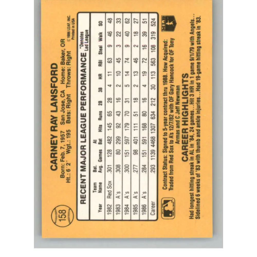 1987 Donruss #158 Carney Lansford EX Excellent Oakland Athletics Baseball Card Image 2