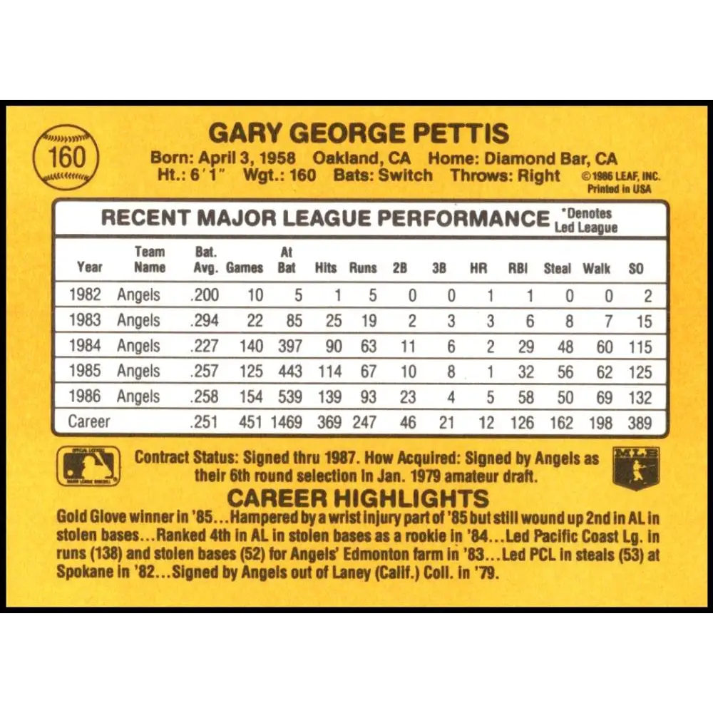 1987 Donruss #160 Gary Pettis EX Excellent California Angels Baseball Card Image 2