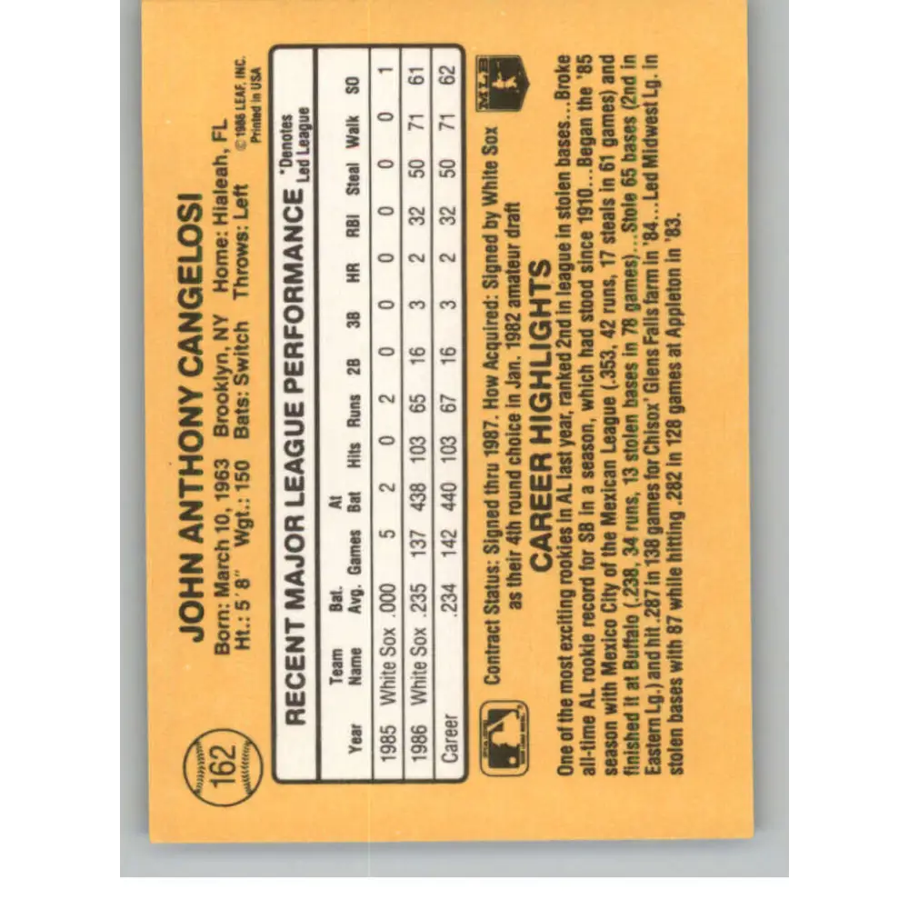 1987 Donruss #162 John Cangelosi EX Excellent RC Rookie Chicago White Sox Baseball Card Image 2