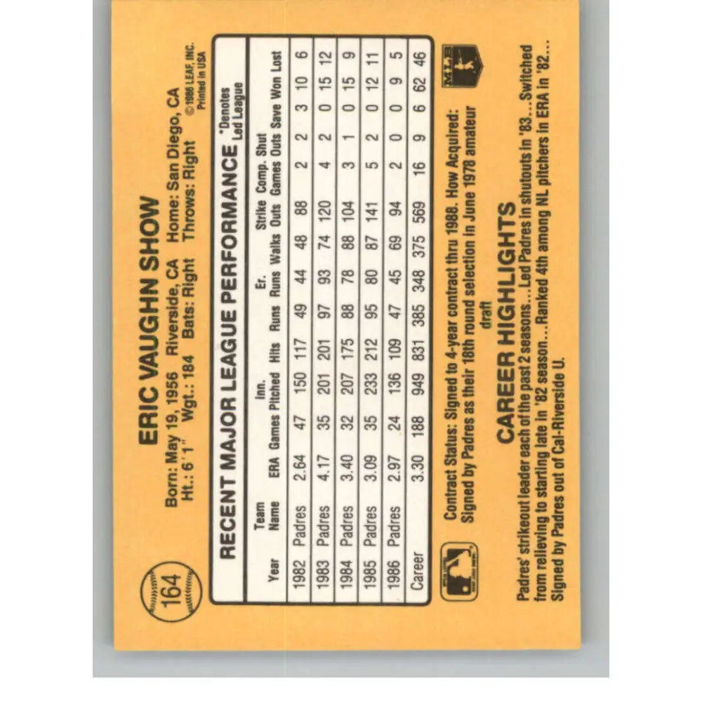 1987 Donruss #164 Eric Show EX Excellent San Diego Padres Baseball Card Image 2