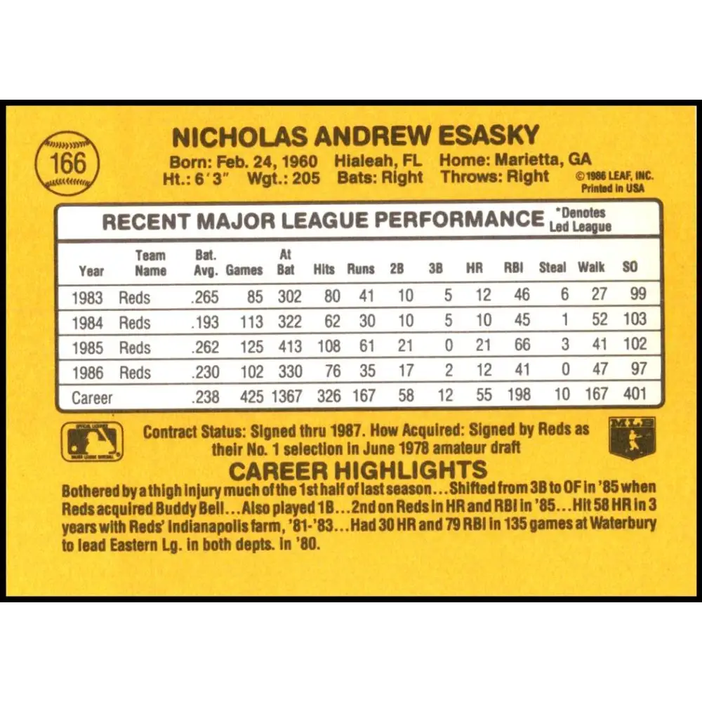 1987 Donruss #166 Nick Esasky EX Excellent Cincinnati Reds Baseball Card Image 2
