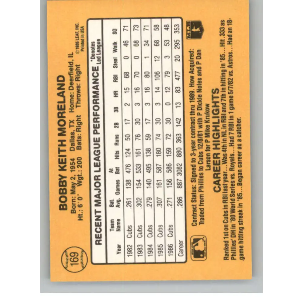 1987 Donruss #169 Keith Moreland EX Excellent Chicago Cubs Baseball Card Image 2