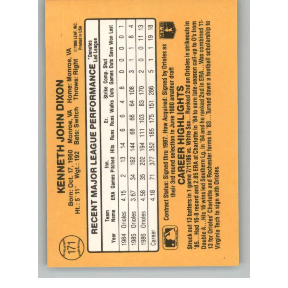 1987 Donruss #171 Ken Dixon EX Excellent Baltimore Orioles Baseball Card Image 2