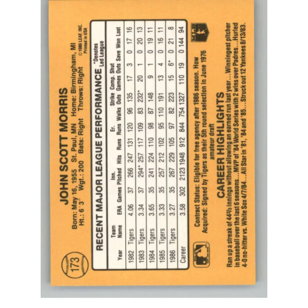 1987 Donruss #173 Jack Morris EX Excellent Detroit Tigers Baseball Card Image 2