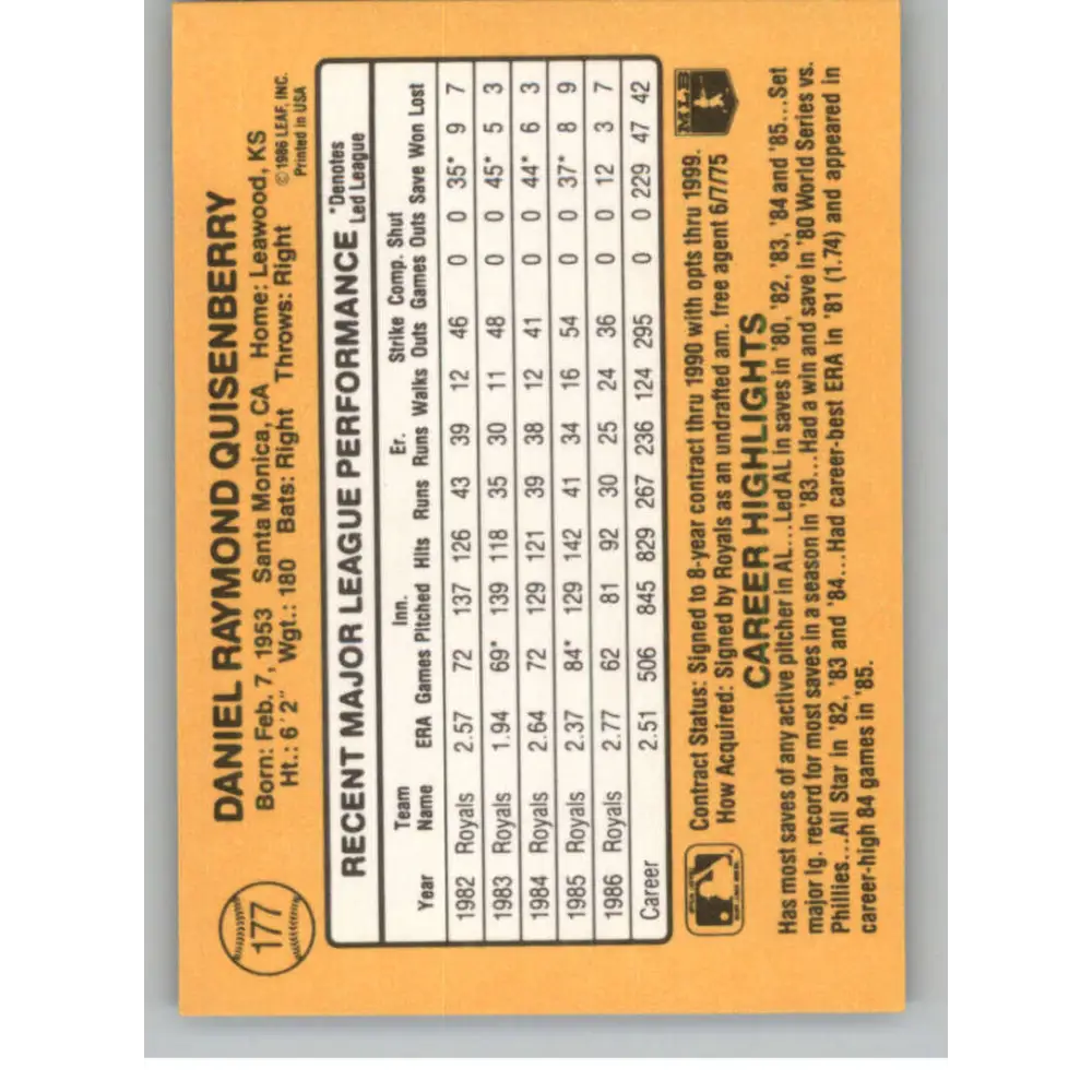 1987 Donruss #177 Dan Quisenberry EX Excellent Kansas City Royals Baseball Card Image 2