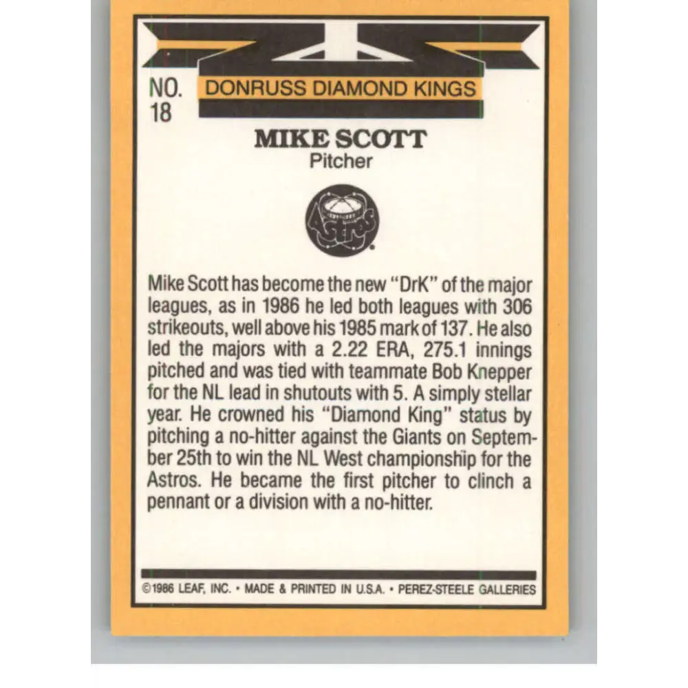 1987 Donruss #18 Mike Scott EX Excellent Houston Astros Baseball Card Image 2
