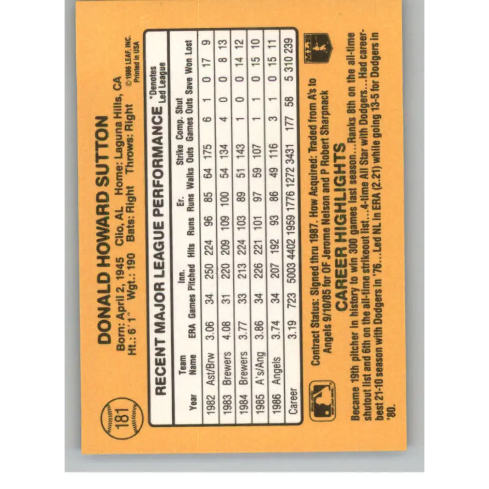 1987 Donruss #181 Don Sutton EX Excellent California Angels Baseball Card Image 2