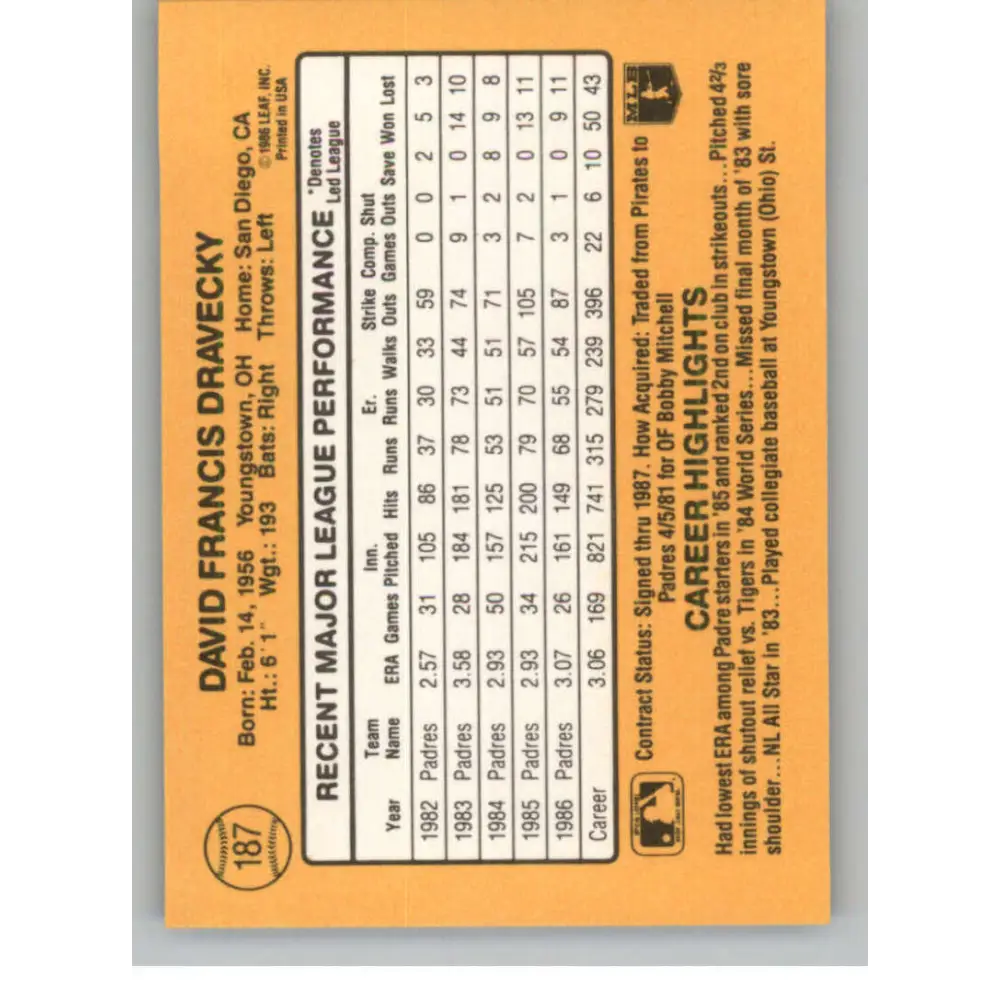 1987 Donruss #187 Dave Dravecky EX Excellent San Diego Padres Baseball Card Image 2