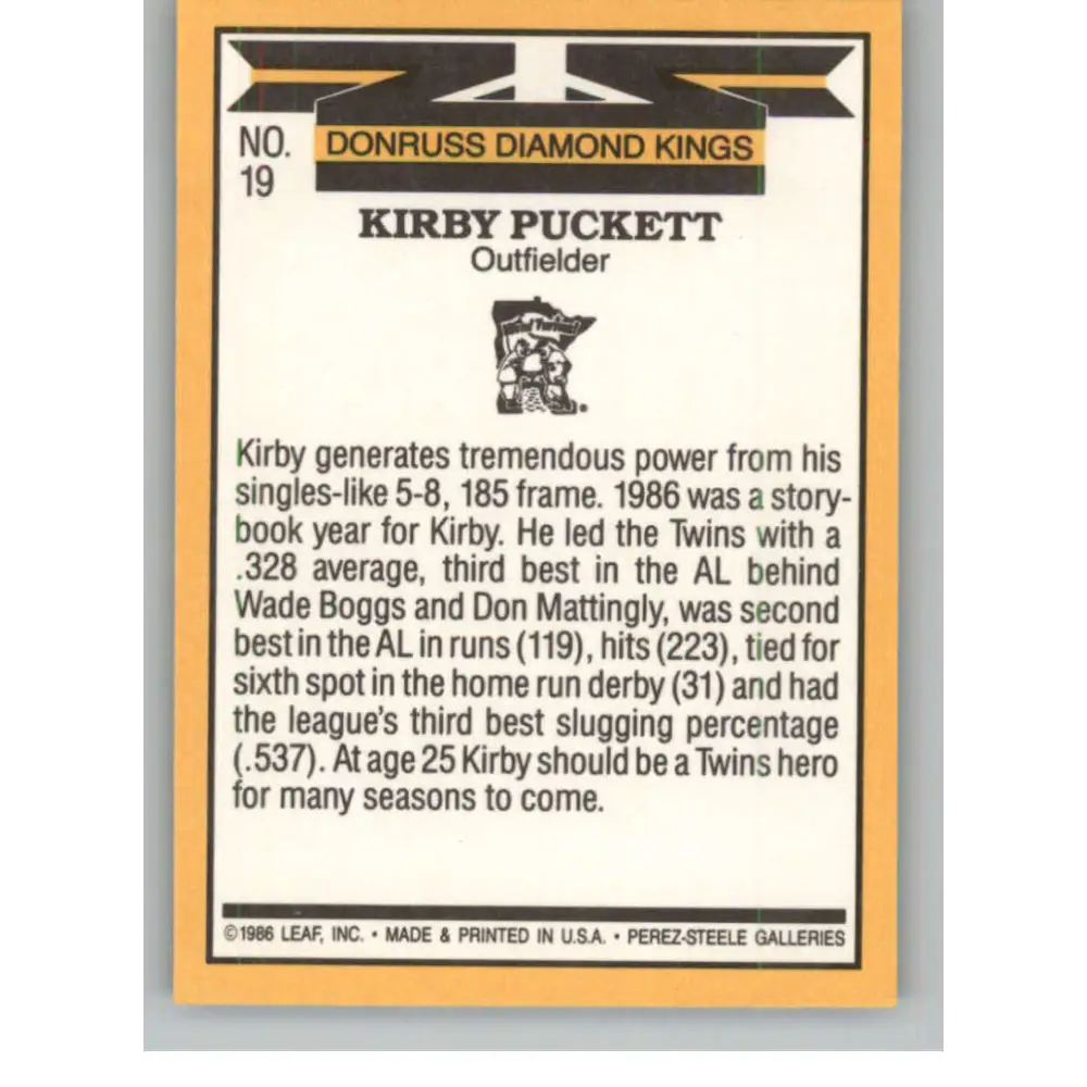 1987 Donruss #19 Kirby Puckett EX Excellent Minnesota Twins Baseball Card Image 2