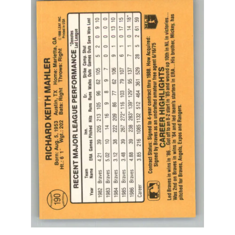 1987 Donruss #190 Rick Mahler EX Excellent Atlanta Braves Baseball Card Image 2