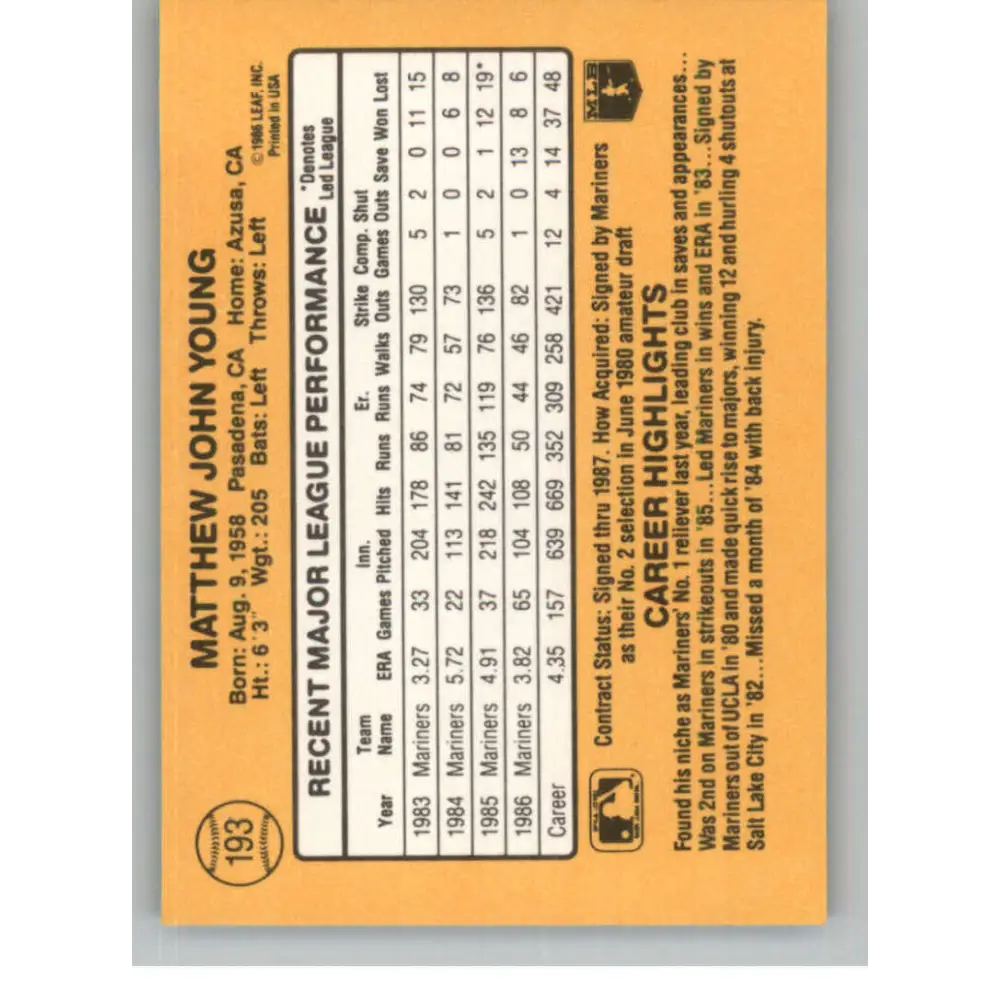 1987 Donruss #193 Matt Young EX Excellent Seattle Mariners Baseball Card Image 2