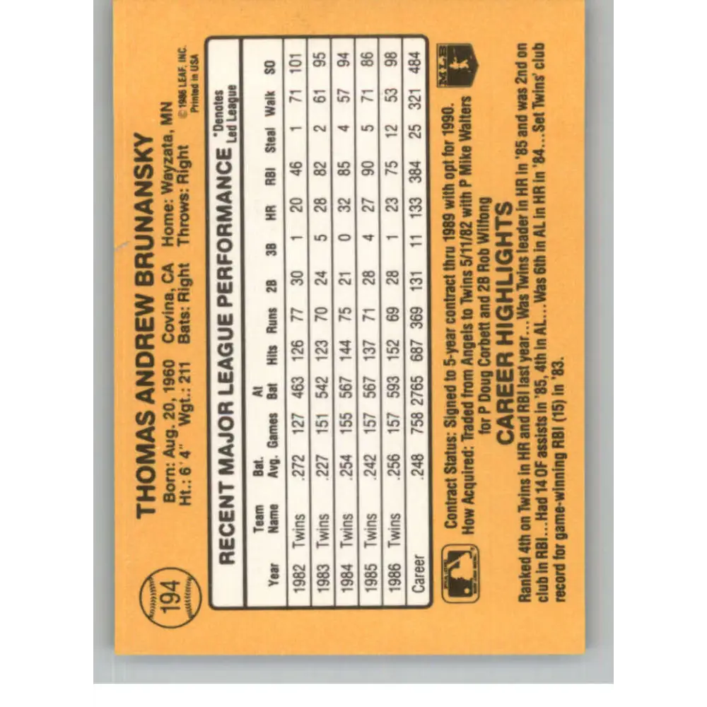 1987 Donruss #194 Tom Brunansky EX Excellent Minnesota Twins Baseball Card Image 2