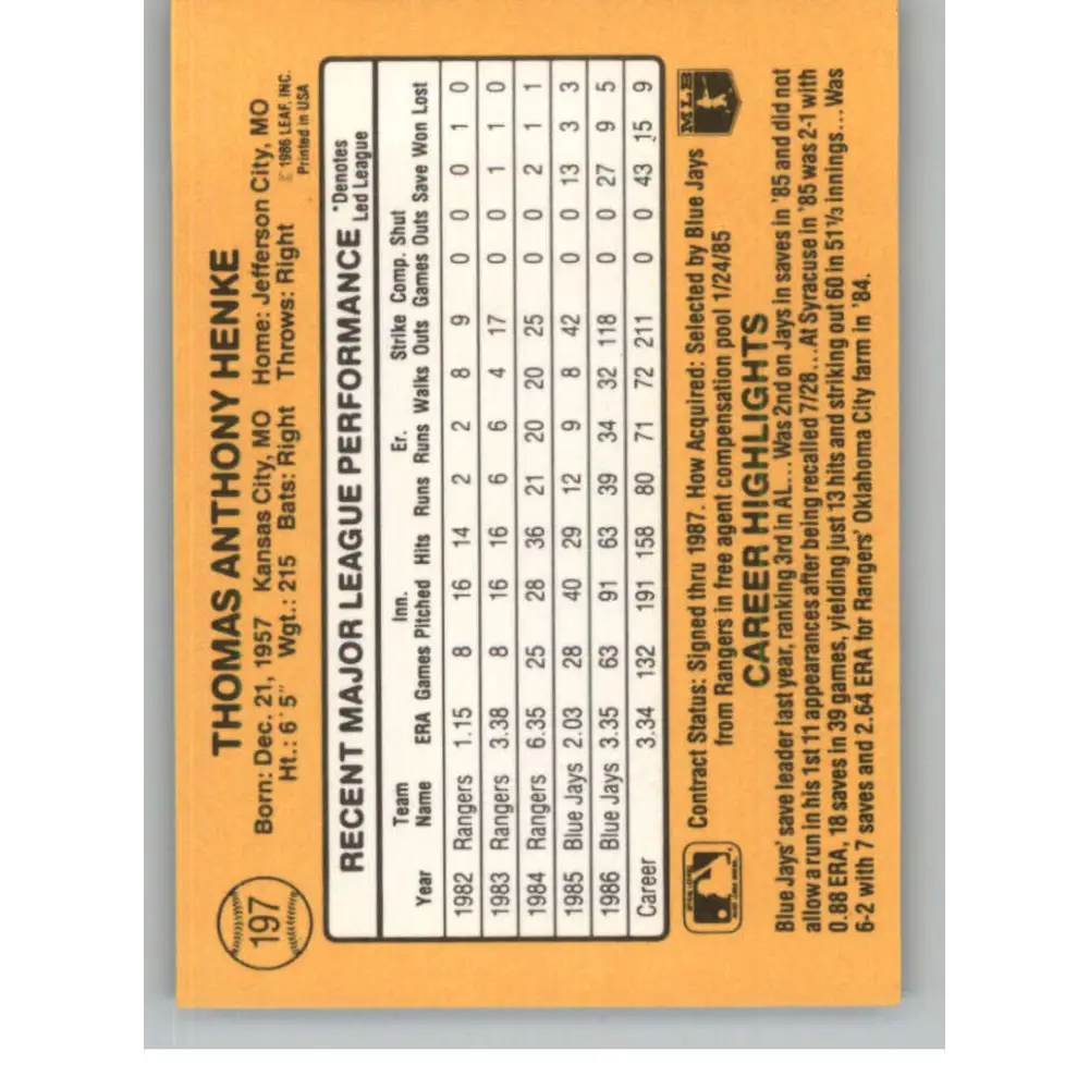 1987 Donruss #197 Tom Henke EX Excellent Toronto Blue Jays Baseball Card Image 2
