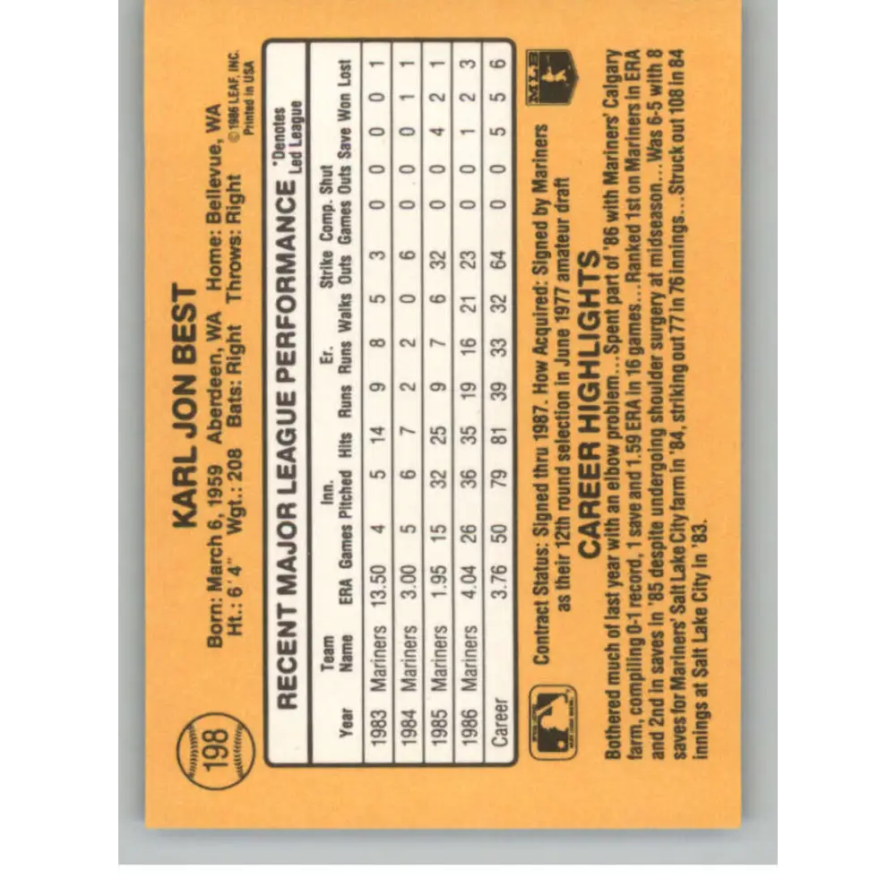 1987 Donruss #198 Karl Best EX Excellent Seattle Mariners Baseball Card Image 2